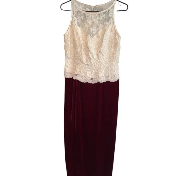 Belsoie Vintage cream Lace & Bows Red burgundy Velvet maxi Dress Gunne sax - Picture 3 of 16